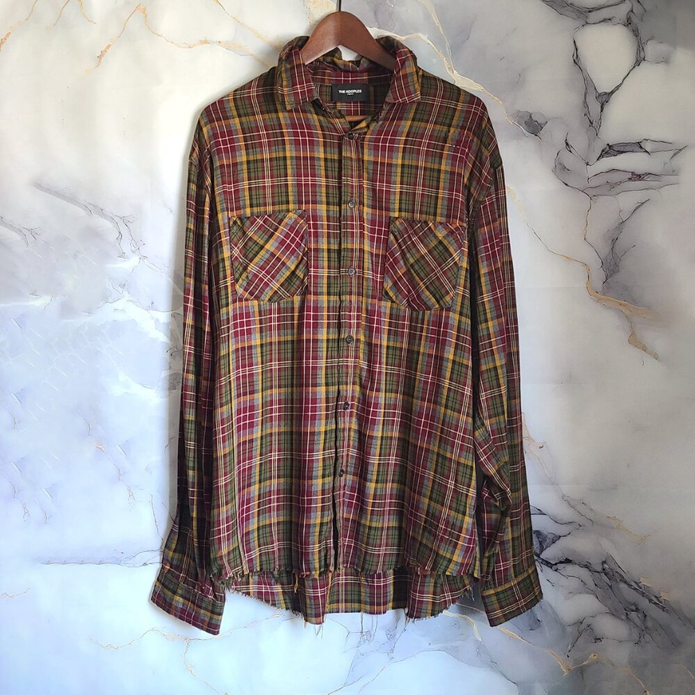 The Kooples Size Large Long Sleeve Destroyed Plaid Button Up Shirt